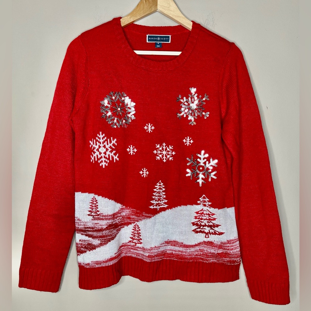 Karen Scott Ugly Christmas Winter Scene Sequin Christmas Sweater Medium
